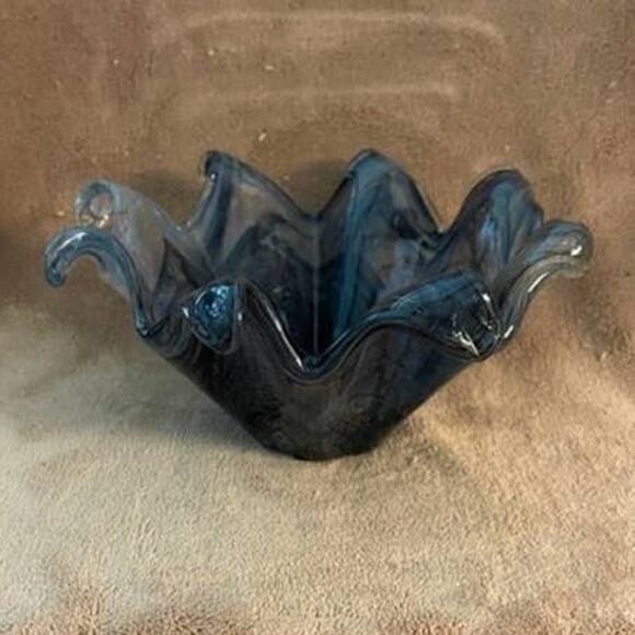 Vintage Murano Smokey Gray/Black/Copper Glitter Dust -Art Glass Wave Bowl - Picture 1 of 9